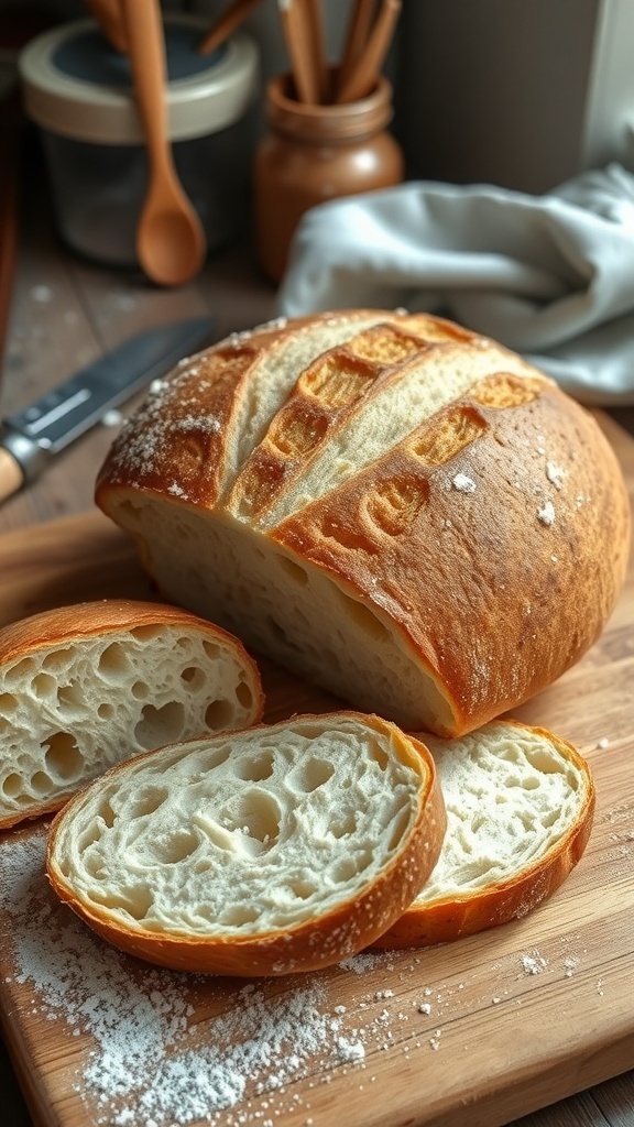 Artisan Sourdough Bread Recipe Artisan sourdough bread loaf with a golden crust and airy interior, displayed on a wooden board.